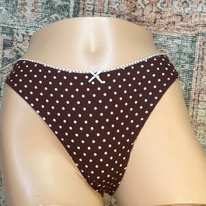 SUGARBOO Brown & Pink Slinky‎ Smooth Polka Dot Thong G-String w/ Satin bow Panty